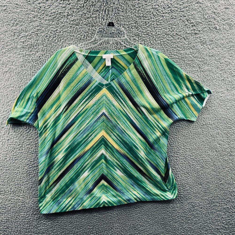 Chicos Womens‎ Top 3 Extra Large Green Black Embellished Short Sleeve Shirt